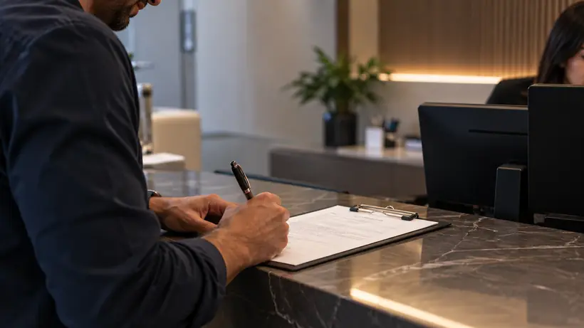 Paciente assinando um documento no balcão da recepção